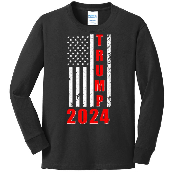 Trump 2024 Election Distressed US Flag Kids Long Sleeve Shirt