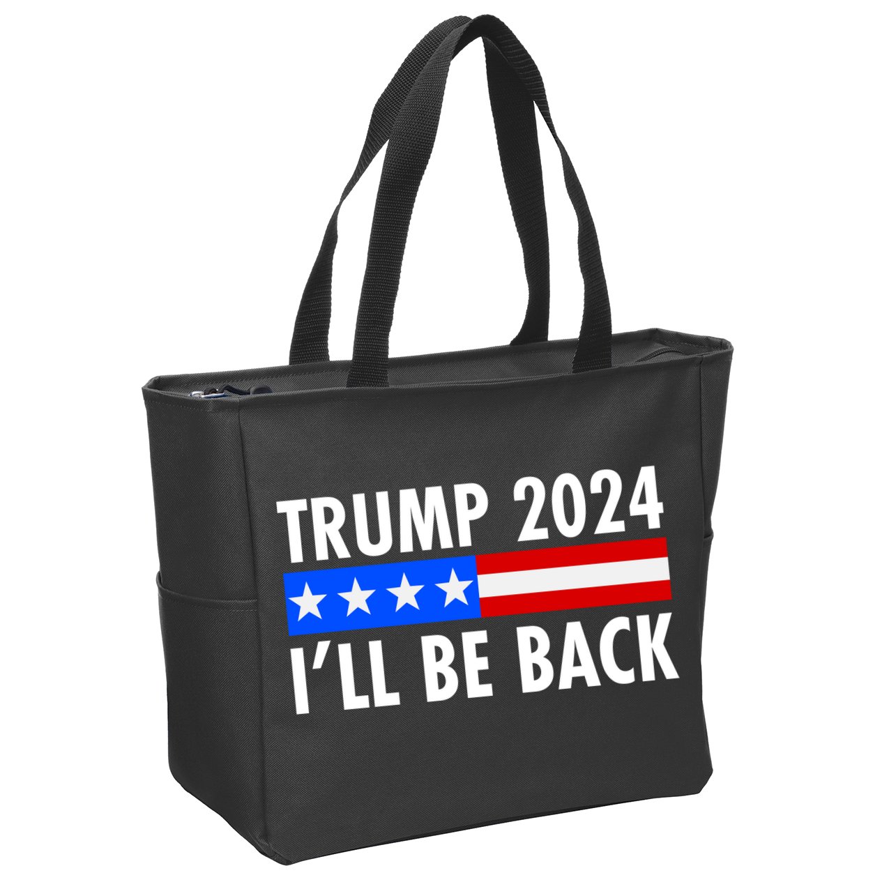 Trump 2024 I'll Be Back US Flag logo Zip Tote Bag