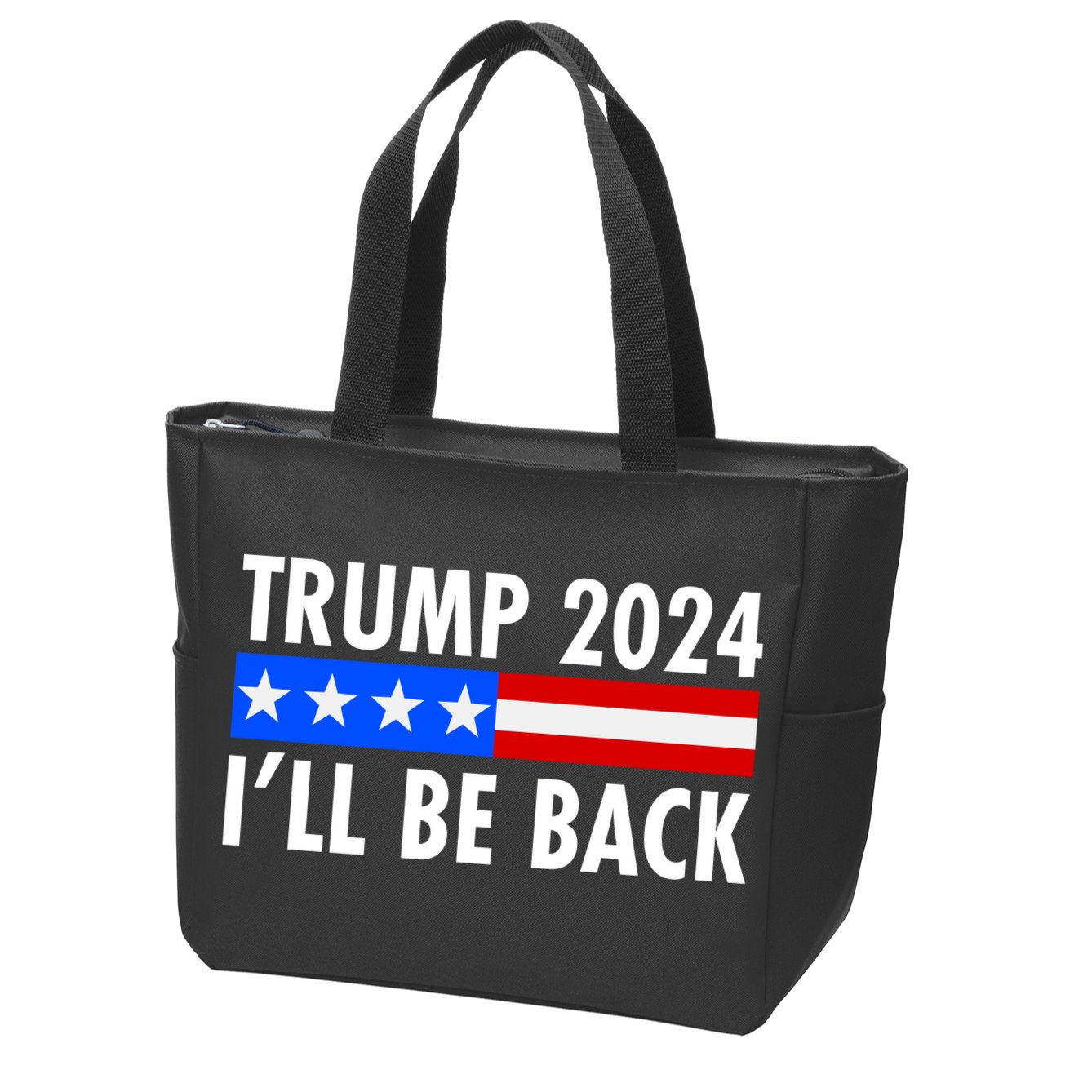 Trump 2024 I'll Be Back US Flag logo Zip Tote Bag