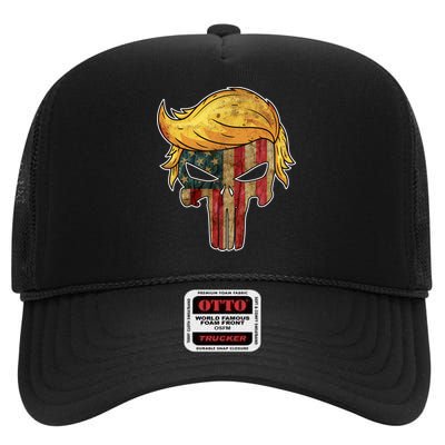 Trump American Skull Golden Hair High Crown Mesh Back Trucker Hat