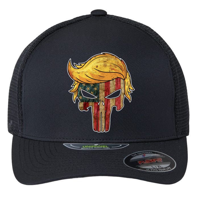 Trump American Skull Golden Hair Flexfit Unipanel Trucker Cap