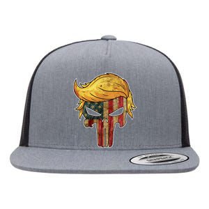 Trump American Skull Golden Hair Flat Bill Trucker Hat