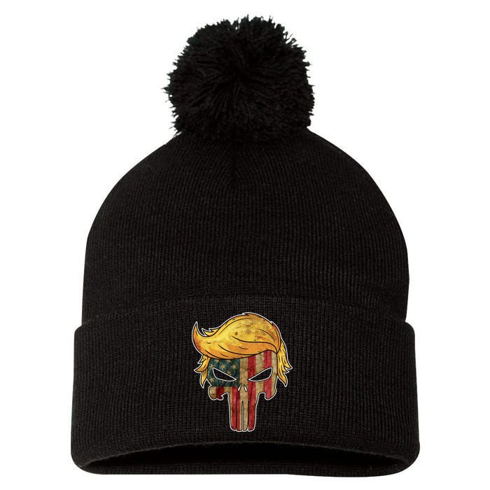 Trump American Skull Golden Hair Pom Pom 12in Knit Beanie