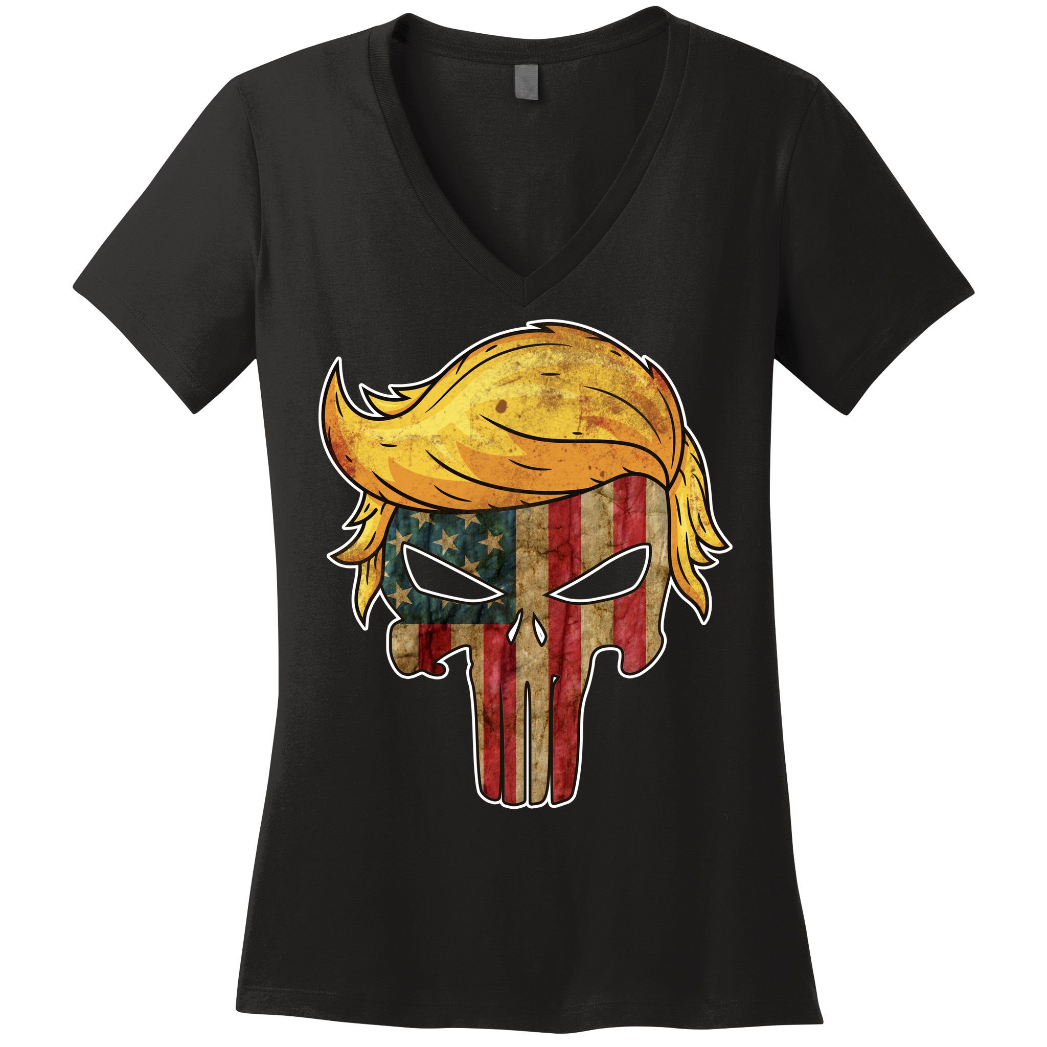 Trump American Skull Golden Hair Women's V-Neck T-Shirt