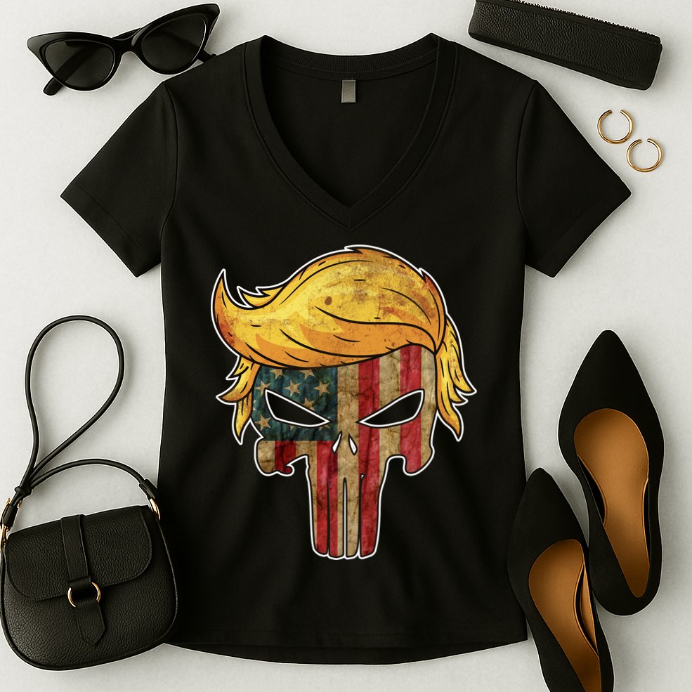 Trump American Skull Golden Hair Women's V-Neck T-Shirt