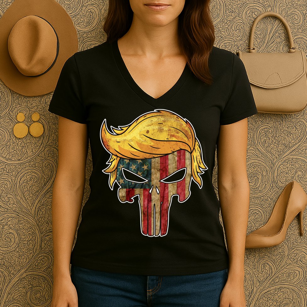 Trump American Skull Golden Hair Women's V-Neck T-Shirt