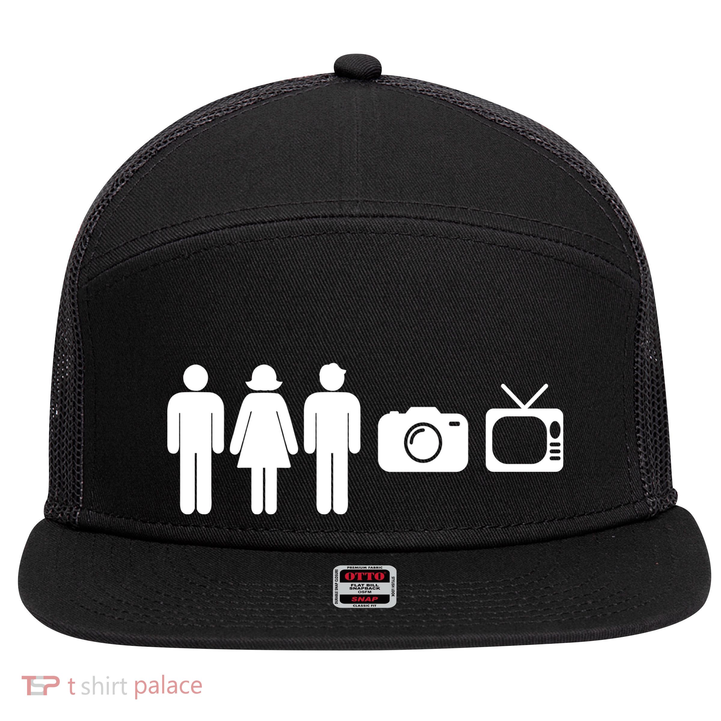 Trump Cognitive Test Person Woman Man Camera TV Funny 7 Panel Mesh Trucker Snapback Hat