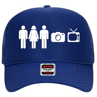 Trump Cognitive Test Person Woman Man Camera TV Funny High Crown Mesh Back Trucker Hat