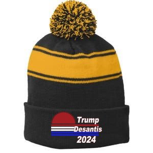 Trump Desantis 2024 Red White And Blue Simple Stripe Pom Pom Beanie