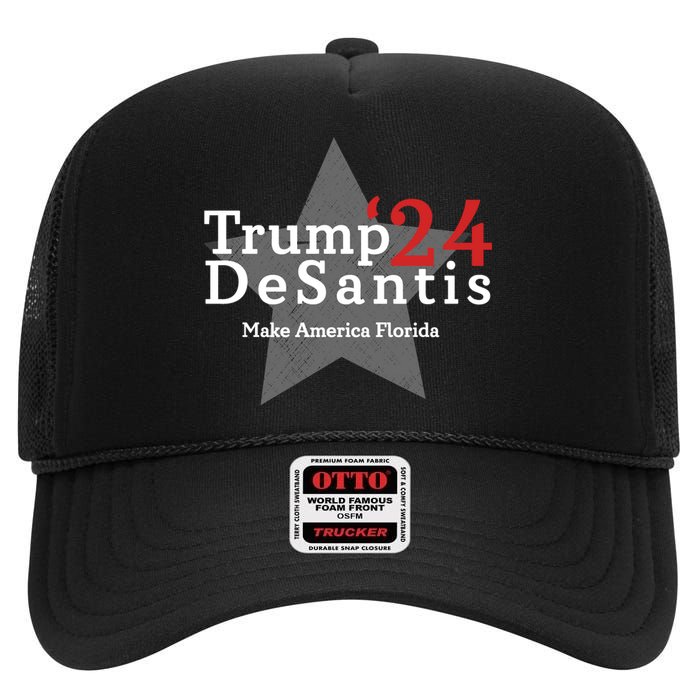 Trump DeSantis 24 Make America Florida High Crown Mesh Back Trucker Hat