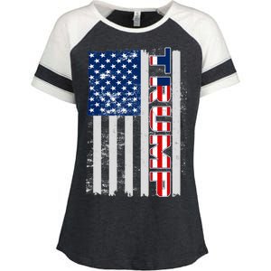 Trump Distressed USA Flag Enza Ladies Jersey Colorblock Tee