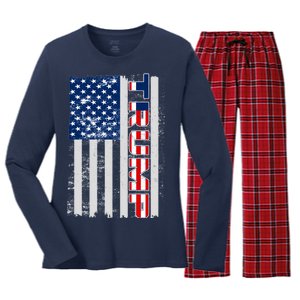 Trump Distressed USA Flag Women's Long Sleeve Flannel Pajama Set 