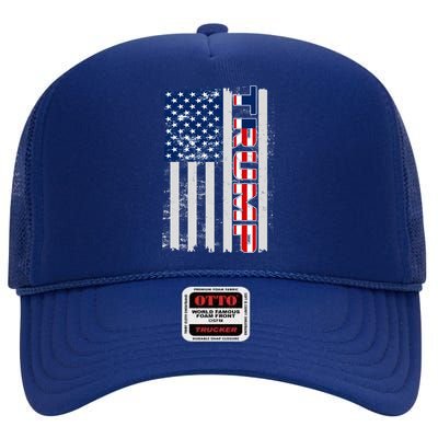 Trump Distressed USA Flag High Crown Mesh Back Trucker Hat