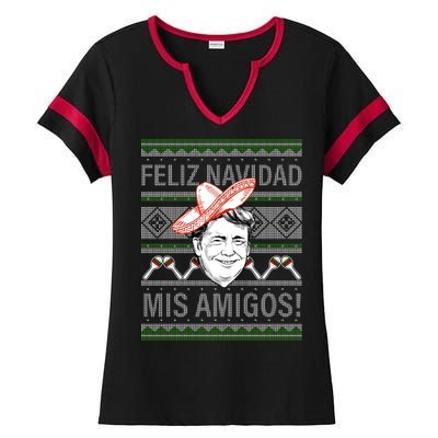 Trump Feliz Navidad Ugly Christmas Sweater Ladies Halftime Notch Neck Tee