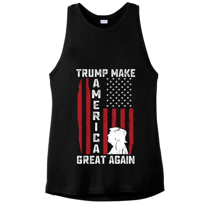 Trump Make America Great Again Distress Flag Ladies PosiCharge Tri-Blend Wicking Tank