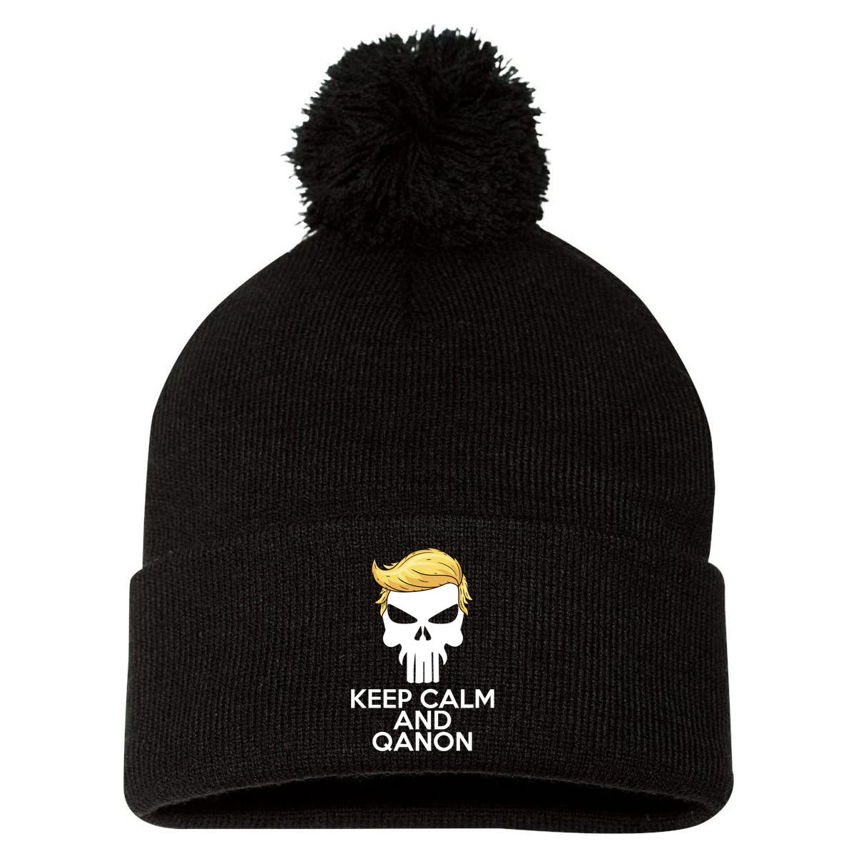 Trump Punisher Skull Keep Calm And Qanon Pom Pom 12in Knit Beanie
