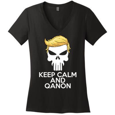 Trump Punisher Skull Keep Calm And Qanon Women's V-Neck T-Shirt