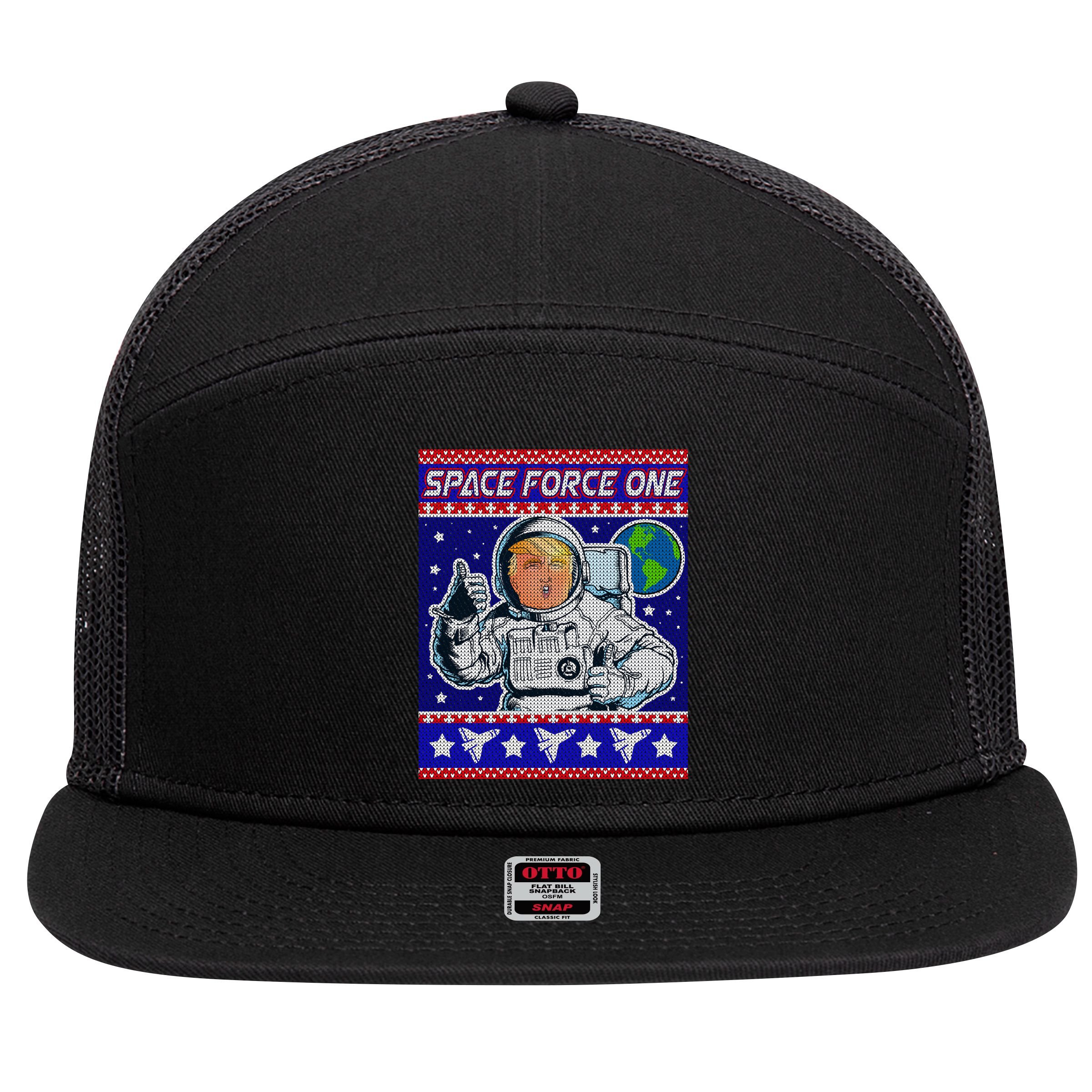 Trump Space Force One Ugly Christmas 7 Panel Mesh Trucker Snapback Hat