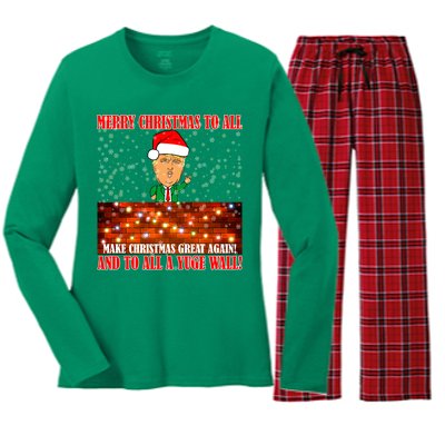 Trump Yuge Merry Chrsitmas To All & Build A Wall Women's Long Sleeve Flannel Pajama Set 