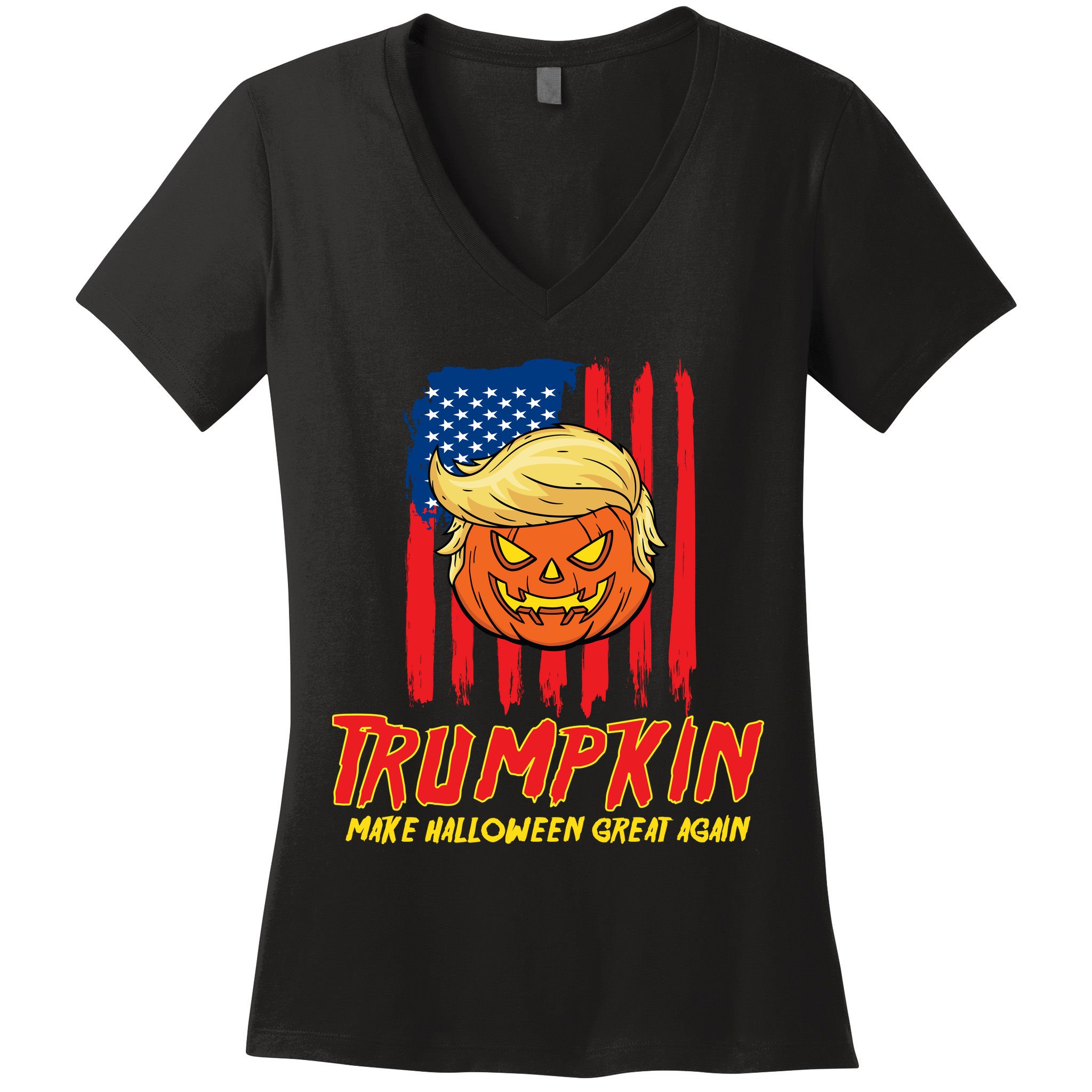 Trumpkin American Flag Make Halloween Great Again Women's V-Neck T-Shirt