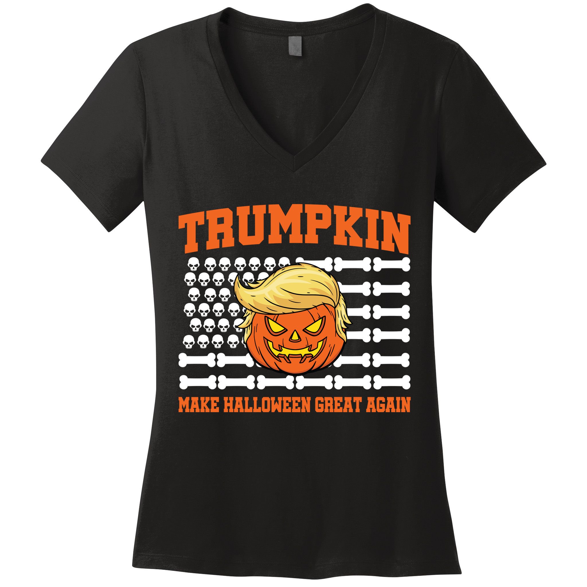 Trumpkin Make Halloween Great Again Skull Bone Flag Women's V-Neck T-Shirt