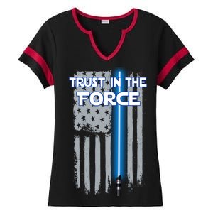 Trust In The Force American Blue Lightsaber Police Flag Ladies Halftime Notch Neck Tee