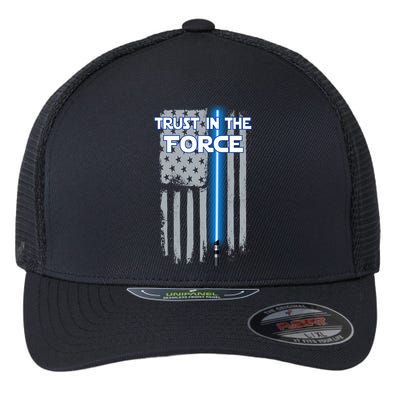 Trust In The Force American Blue Lightsaber Police Flag Flexfit Unipanel Trucker Cap