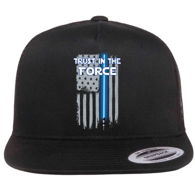 Trust In The Force American Blue Lightsaber Police Flag Flat Bill Trucker Hat