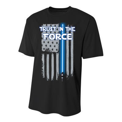 Trust In The Force American Blue Lightsaber Police Flag Youth Performance Sprint T-Shirt