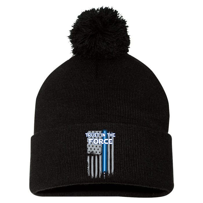 Trust In The Force American Blue Lightsaber Police Flag Pom Pom 12in Knit Beanie