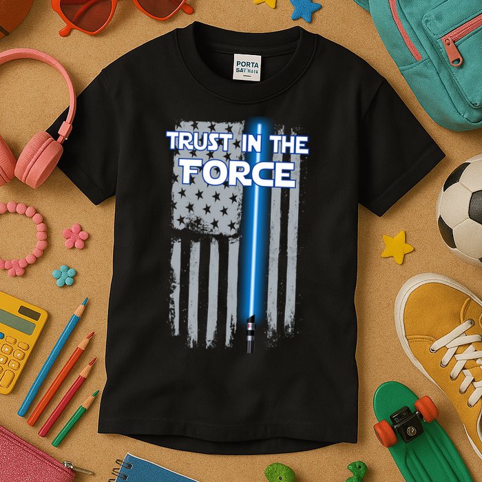 Trust In The Force American Blue Lightsaber Police Flag Kids T-Shirt