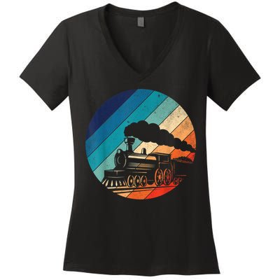 Train Railroad Vintage Retro Locomotive Old Model Women's V-Neck T-Shirt