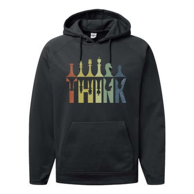 Think Retro Vintage Chess Pieces Player Gifts Chess Coach Performance Fleece Hoodie