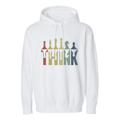 Think Retro Vintage Chess Pieces Player Gifts Chess Coach Garment-Dyed Fleece Hoodie