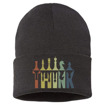 Think Retro Vintage Chess Pieces Player Gifts Chess Coach Sustainable Knit Beanie