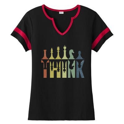 Think Retro Vintage Chess Pieces Player Gifts Chess Coach Ladies Halftime Notch Neck Tee