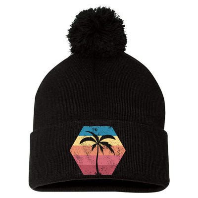 Tropical Retro Vintage Palm Trees Sunset Pom Pom 12in Knit Beanie