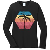 Tropical Retro Vintage Palm Trees Sunset Ladies Long Sleeve Shirt