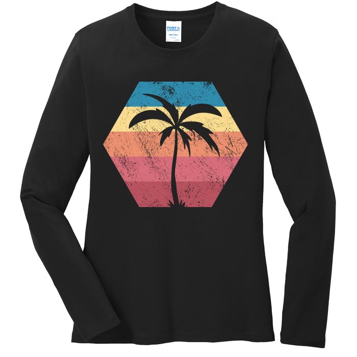 Tropical Retro Vintage Palm Trees Sunset Ladies Long Sleeve Shirt