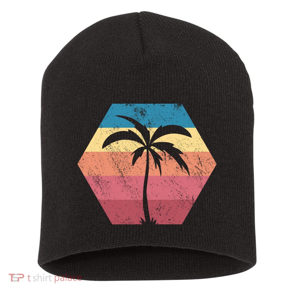 Tropical Retro Vintage Palm Trees Sunset Short Acrylic Beanie