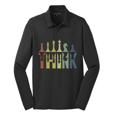 Think Retro Vintage Chess Pieces Player Gifts Chess Coach Silk Touch Performance Long Sleeve Polo