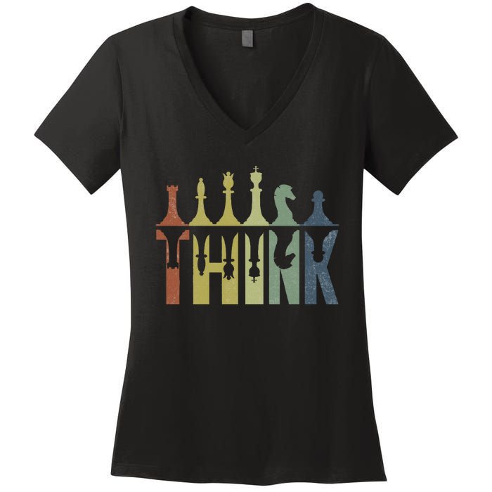 Think Retro Vintage Chess Pieces Player Gifts Chess Coach Women's V-Neck T-Shirt