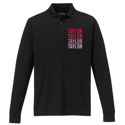 Taylor Retro Wordmark Pattern I love Taylor Performance Long Sleeve Polo