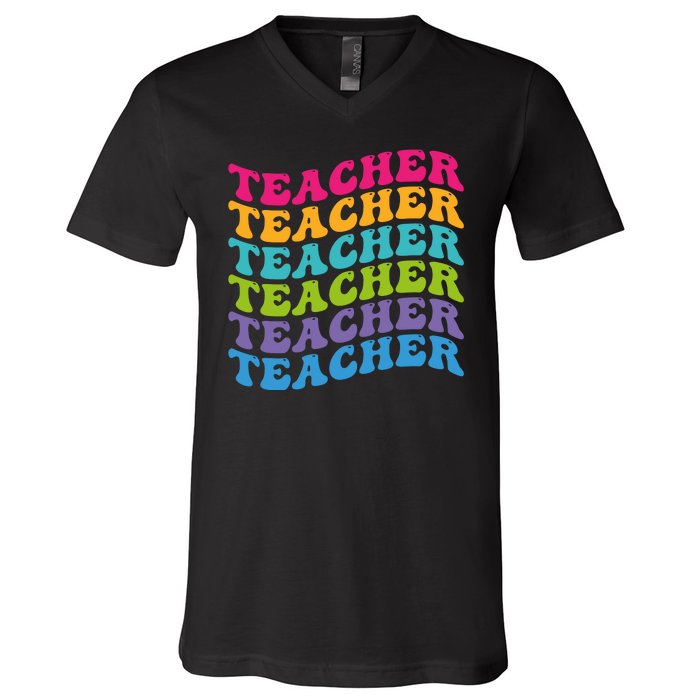 Teacher Retro Word Mashup V-Neck T-Shirt