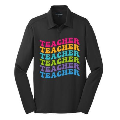 Teacher Retro Word Mashup Silk Touch Performance Long Sleeve Polo