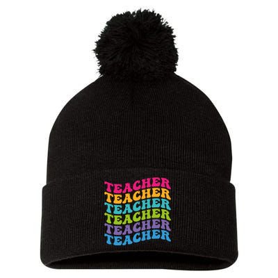 Teacher Retro Word Mashup Pom Pom 12in Knit Beanie