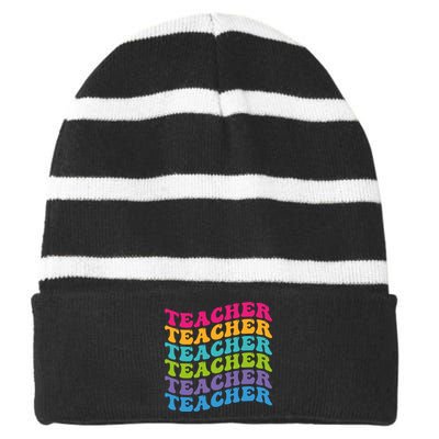 Teacher Retro Word Mashup Striped Beanie with Solid Band