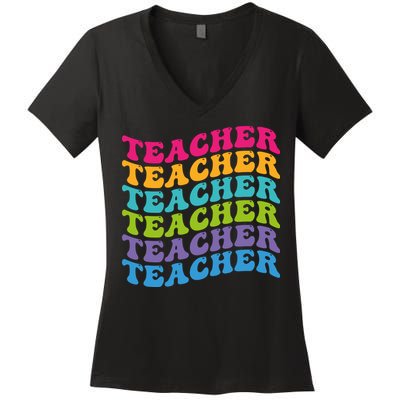 Teacher Retro Word Mashup Women's V-Neck T-Shirt