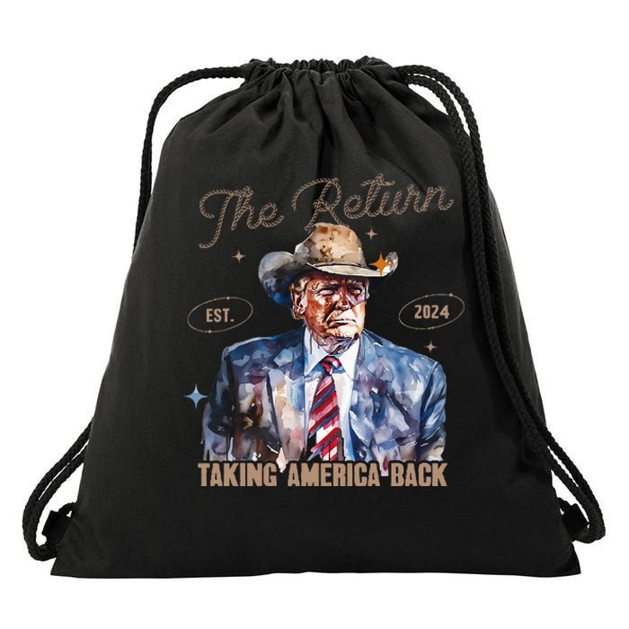 The Return Western Cowboy Trump 2024 Taking America Back Drawstring Bag