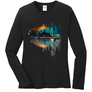 Trees Reflection Wildlife Nature Animal Bear Outdoor Forest Ladies Long Sleeve Shirt